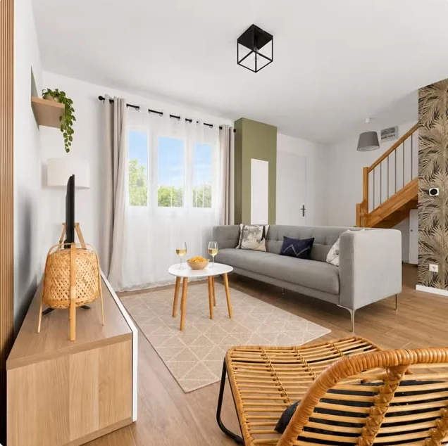 Salon en bois et vert sauge d'un logement géré par AlexSandra Gestion
